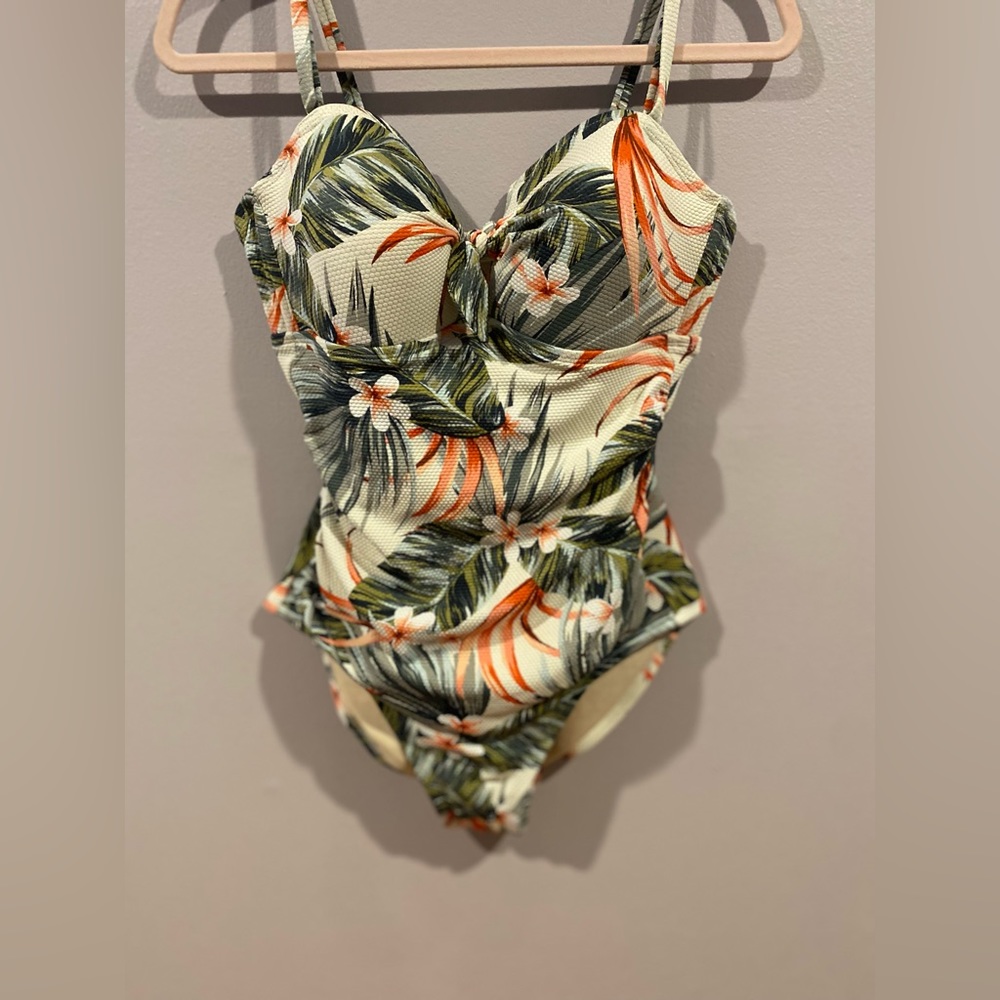 LARGE Kona Sol Tropical Tie-Front High Coverage One Piece Swimsuit